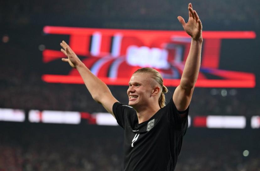 Norway's forward #09 Erling Braut Haaland celebrates scoring his team's second goal during the 2026 World Cup Group I football match between Norway and Senegal at the New York/New Jersey Stadium in East Rutherford on June 22, 2026.  Angela WEISS / AFP