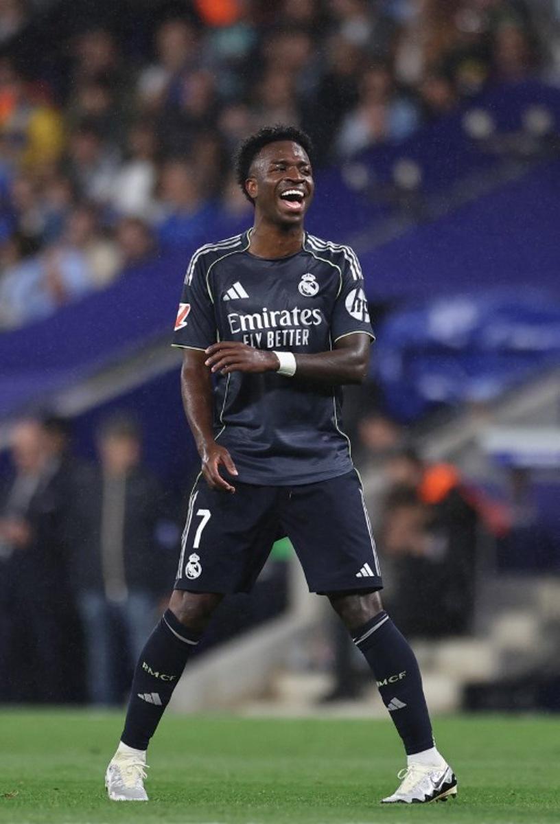 Real Madrid's Brazilian forward #07 Vinicius Junior reacts during the Spanish league football match between RCD Espanyol and Real Madrid CF at RCDE Stadium in Cornella de Llobregat on May 3, 2026.  Josep LAGO / AFP
