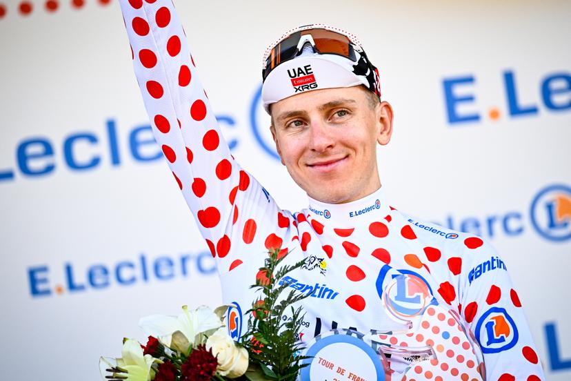 Slovenian Tadej Pogacar of UAE Team Emirates XRG celebrates in the red polka-dot jersey for best climber after the first stage of the 2026 Tour de France cycling race, a team time trial of 19km with start and finish in Barcelona, Spain, Saturday 04 July 2026. The 113th edition of the Tour de France starts on Saturday 4 July in Barcelona, Spain, and will finish in Paris, France on the 26th of July. BELGA PHOTO JASPER JACOBS