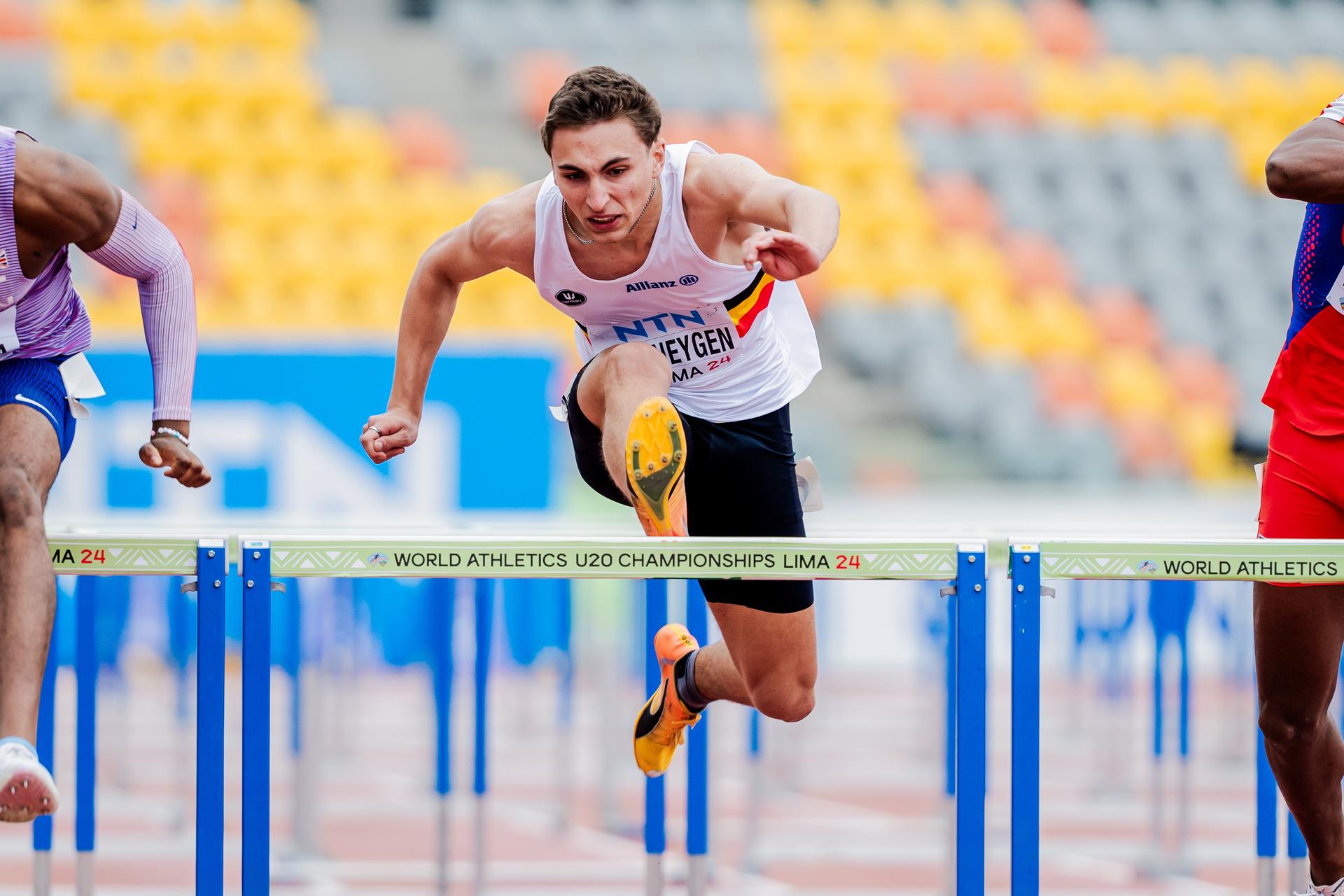 Belgian Zeno Van Neygen pictured in action during the men's 110m hurdles race, at the World Athletics U20 Championships, Thursday 29 August 2024, in Lima, Peru. The world championships take place from 27 to 31 August.  BELGA PHOTO SONYA MALETER