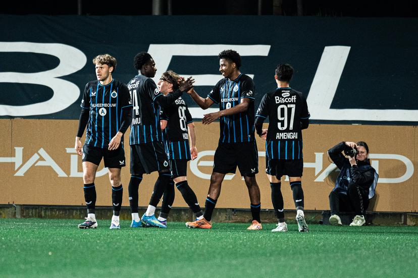 Club's players celebrate after scoring during a soccer game between Lommel SK and Club NXT, Saturday 11 April 2026 in Lommel, on day 33 (out of 34) of the 2025-2026 'Challenger Pro League' 1B second division of the Belgian championship. BELGA PHOTO EMILE WINDAL