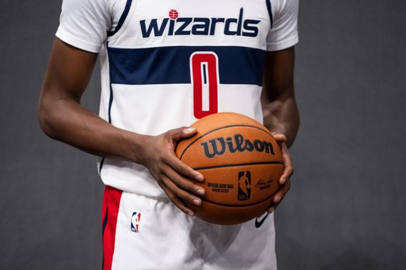 Bilal Coulibaly, French basketball player for the Washington Wizards, poses for a photo during Wizards media day ahead of the NBA season at Capital One Arena in Washington, DC, September 30, 2024.  ROBERTO SCHMIDT / AFP