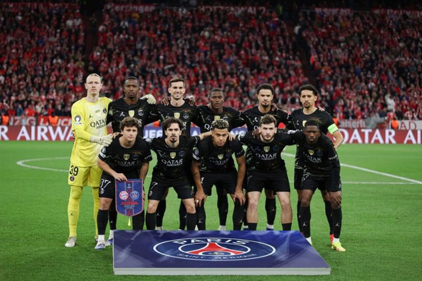 Paris Saint-Germain's Russian goalkeeper #39 Matvey Safonov, Paris Saint-Germain's Portuguese midfielder #87 Joao Pedro Goncalves Neves, Paris Saint-Germain's Ecuadoran defender #51 Willian Pacho, Paris Saint-Germain's Portuguese midfielder #17 Vitinha, Paris Saint-Germain's Spanish midfielder #08 Fabian Ruiz, Paris Saint-Germain's Portuguese defender #25 Nuno Mendes, Paris Saint-Germain's French midfielder #14 Desire Doue, Paris Saint-Germain's French midfielder #33 Warren Zaire Emery, Paris Saint-Germain's Georgian forward #07 Khvicha Kvaratskhelia, Paris Saint-Germain's Brazilian defender #05 Marquinhos and Paris Saint-Germain's French forward #10 Ousmane Dembele pose for a team photo prior to the start of the UEFA Champions League second-leg, semi-final football match between FC Bayern Munich and Paris Saint-Germain (PSG) in Munich, southern Germany on May 6, 2026.  Franck FIFE / AFP