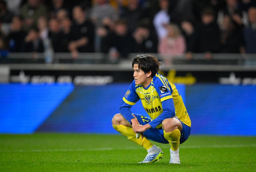 STVV's Keisuke Goto reacts during a game between Belgian soccer team Club Brugge KV and Sint-Truiden VV, Saturday 09 May 2026 in Brugge, onb the seventh day of the Champion's Play-Off (PO 1) competition of the Jupiler Pro League. BELGA PHOTO JOHN THYS