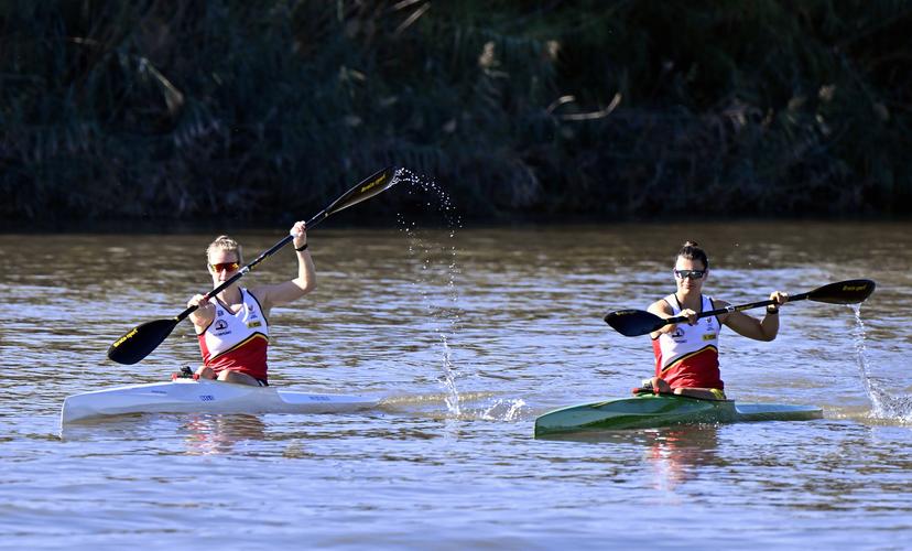 kayaker Hermien Peters and Kayaker Lize Broekx pictured in action during a training camp organized by the BOIC-COIB Belgian Olympic Committee in Belek, Turkey, Friday 17 November 2023. The camp takes place from 11 to 25 November. BELGA PHOTO ERIC LALMAND