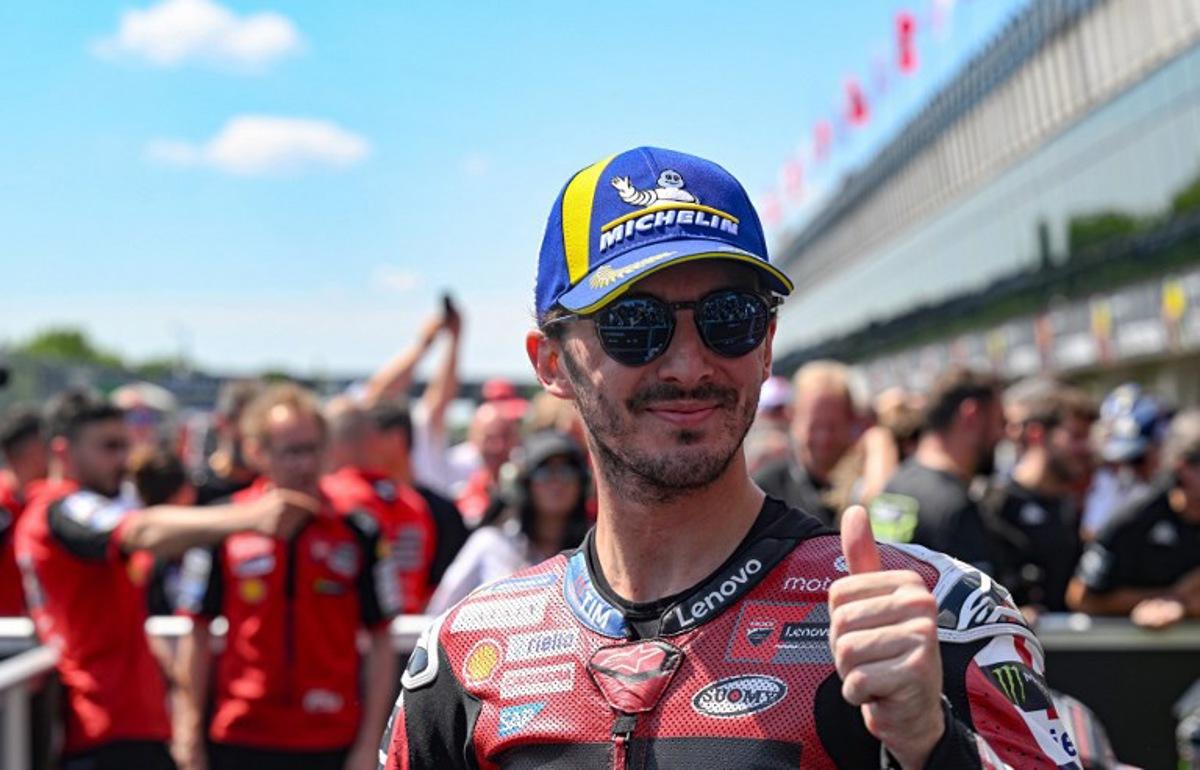 Third placed Team Ducati Lenovo Team's Francesco Bagnaia shows the thumb up after the MotoGP Grand Prix of Czechia in Brno, Czech Republic, on June 21, 2026.  Michal Cizek / AFP