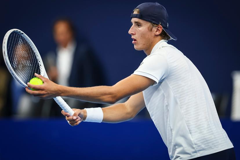 Belgian Emilien Demanet pictured in action during the qualifying phase of the European Open Tennis ATP tournament, in Antwerp, Sunday 13 October 2024. BELGA PHOTO DAVID PINTENS