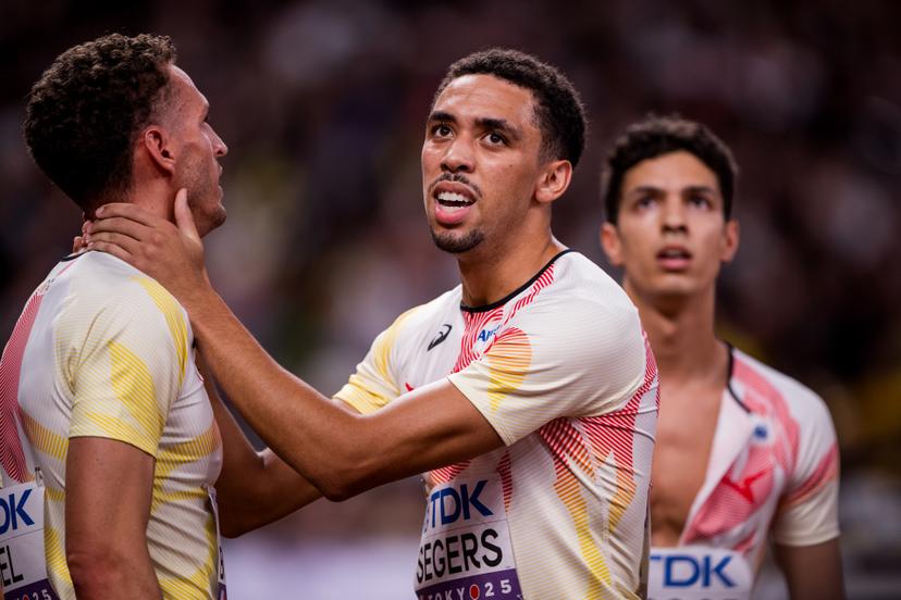 Belgian Daniel Segers and Belgian Alexander Doom pictured in action during the heats of the men's 4x400m relay race, at the World Athletics Championships in Tokyo, Japan, on Saturday 20 September 2025. The outdoor Worlds are taking place from 13 to 21 September. BELGA PHOTO JASPER JACOBS