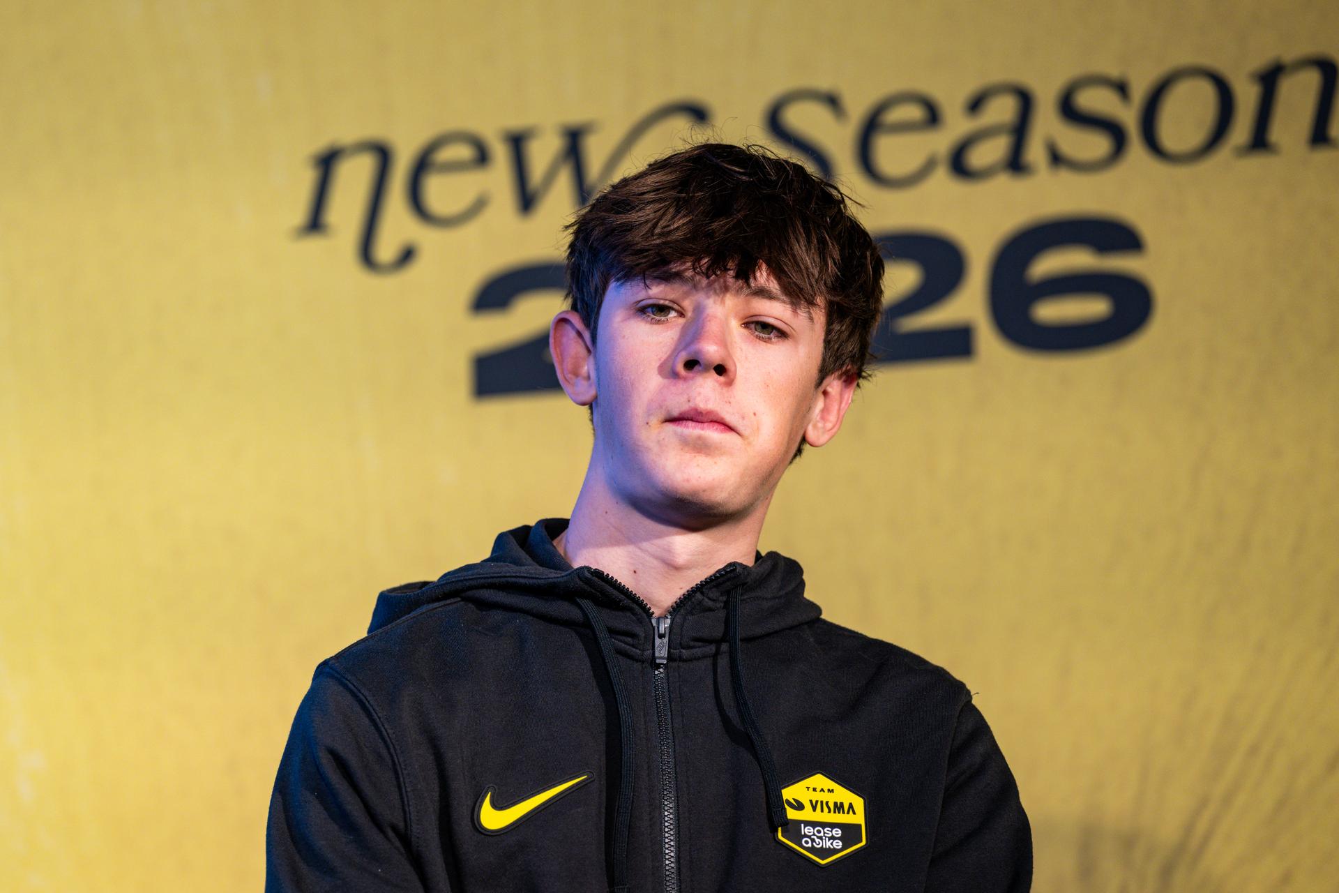 Belgian Matisse Van Kerckhove pictured during the team presentation of the Team Visma-Lease a Bike cycling team in Alicante, Spain, Tuesday 13 January 2026. BELGA PHOTO DAVID PINTENS