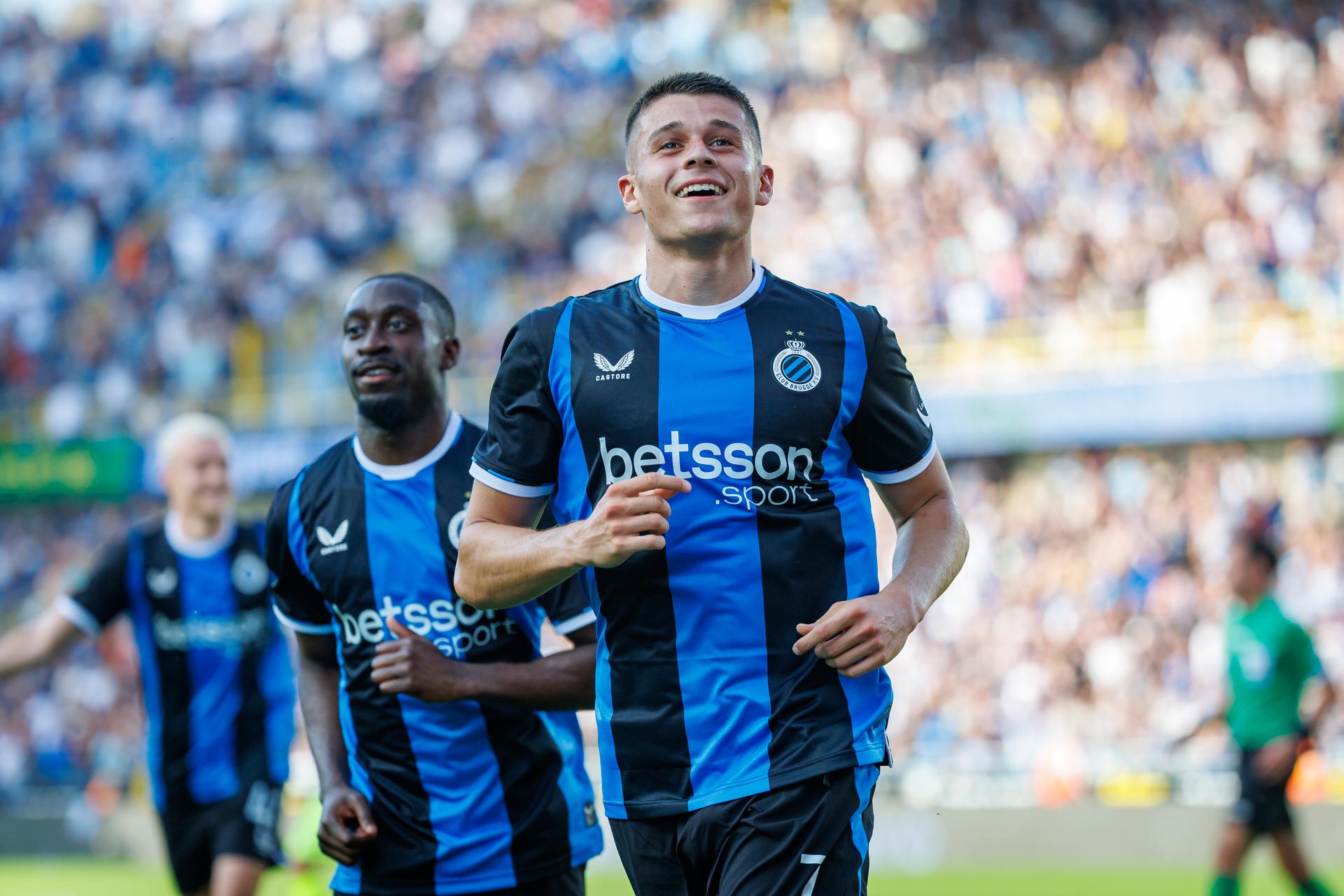 Club's Nicolo Tresoldi celebrates after scoring during a game between Belgian soccer team Club Brugge KV and KAA Gent, Sunday 24 May 2026 in Brugge, on the last day of the Champion's Play-offs of the 2025-2026 'Jupiler Pro League' first division of the Belgian championship. BELGA PHOTO KURT DESPLENTER