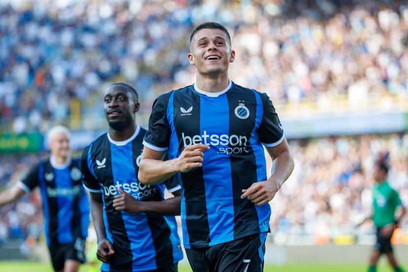Club's Nicolo Tresoldi celebrates after scoring during a game between Belgian soccer team Club Brugge KV and KAA Gent, Sunday 24 May 2026 in Brugge, on the last day of the Champion's Play-offs of the 2025-2026 'Jupiler Pro League' first division of the Belgian championship. BELGA PHOTO KURT DESPLENTER