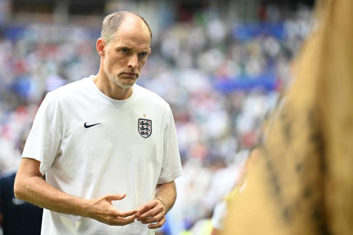 England's German head coach Thomas Tuchel gestures during the 2026 World Cup football tournament third-place match between France and England at the Miami Stadium in Miami on July 18, 2026.   CHANDAN KHANNA / AFP