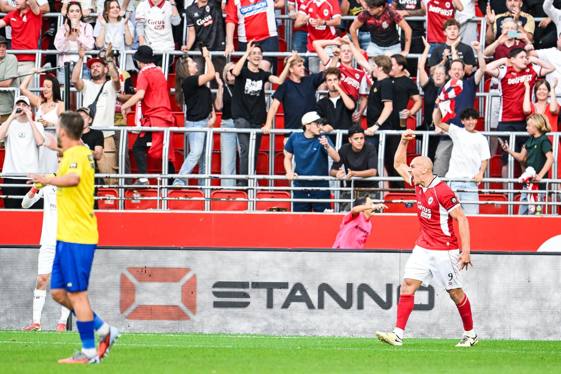 Antwerp's Michael Frey celebrates after scoring during a soccer match between Royal Antwerp FC and SK Beveren, Sunday 9 August 2026 in Antwerp, on day 1 of the 2026-2027 'Jupiler Pro League' first division of the Belgian championship. BELGA PHOTO TOM GOYVAERT