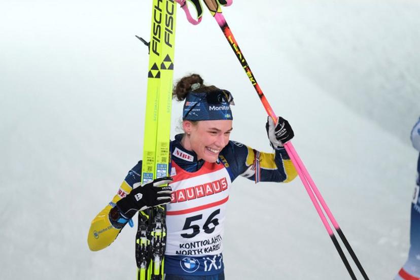 Sweden's Hanna Oeberg celebrates after competing during the women's 15km individual event of the IBU Biathlon World Cup in Kontiolahti, Finland, on March 5, 2026.  Minna Raitavuo / Lehtikuva / AFP