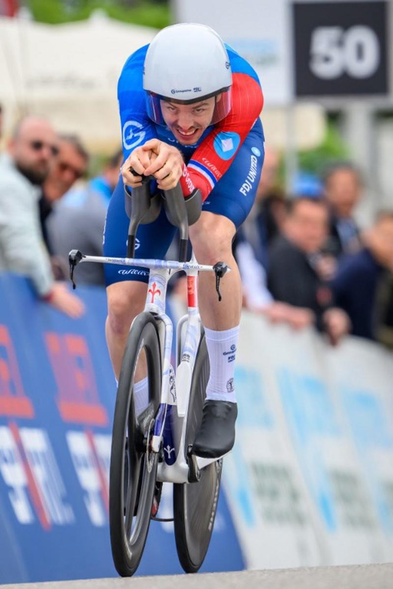 Groupama FDJ United French rider Remi Cavagna competes in the prologue of the Tour of Romandie UCI cycling World tour, a 3.2 km time trial from Villars-sur-Glane to Villars-sur-Glane on April 28, 2026.  Fabrice COFFRINI / AFP