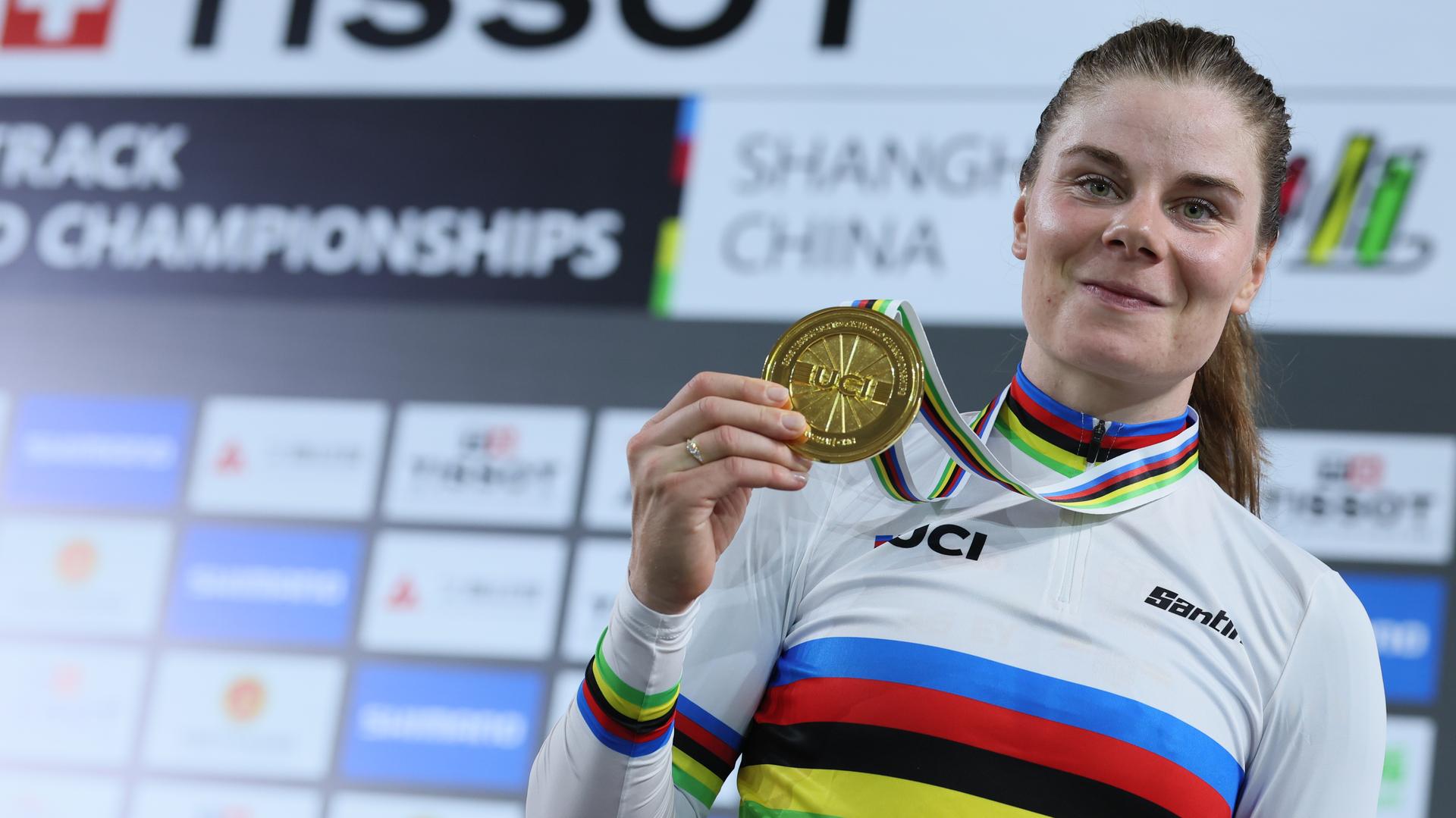 Belgian Lotte Kopecky celebrates her gold medal after winning the Women's Elimination event at the UCI Track Cycling World Championships in Shanghai, China on Thursday 15 October 2026. The worlds are taking place from 14 to 18 October 2026. BELGA PHOTO BENOIT DOPPAGNE
