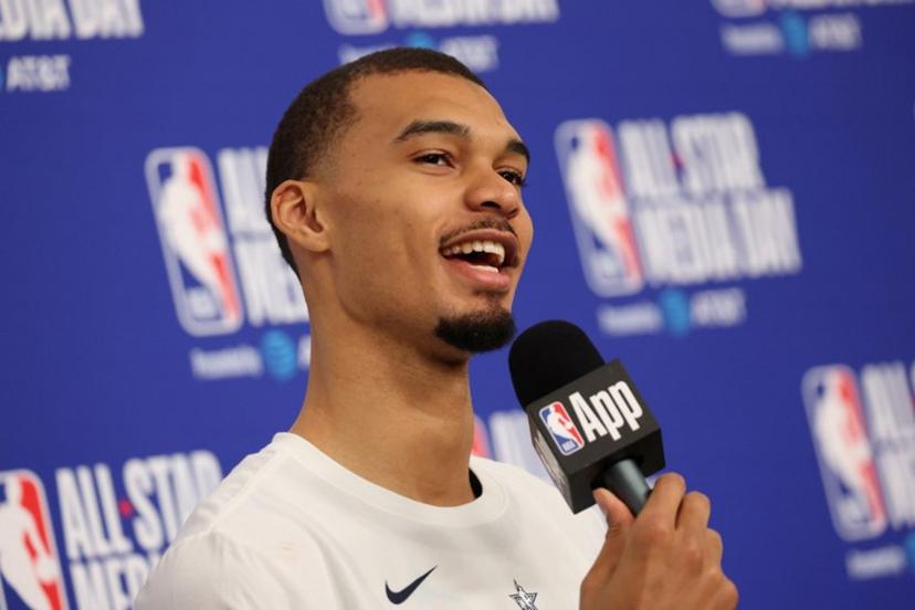 French basketball player Victor Wembanyama of the San Antonio Spurs speaks to the media during the NBA All-Star media day at the Intuit Dome in Inglewood, California, on February 14, 2026.  Patrick T. Fallon / AFP