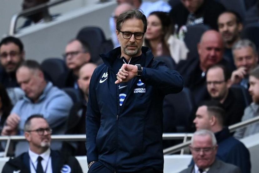 Brighton's first team coach Andrea Maldera gestures on the touchline during the English Premier League football match between Tottenham Hotspur and Brighton and Hove Albion at Tottenham Hotspur Stadium in London, on April 8, 2023.  Ben Stansall / AFP