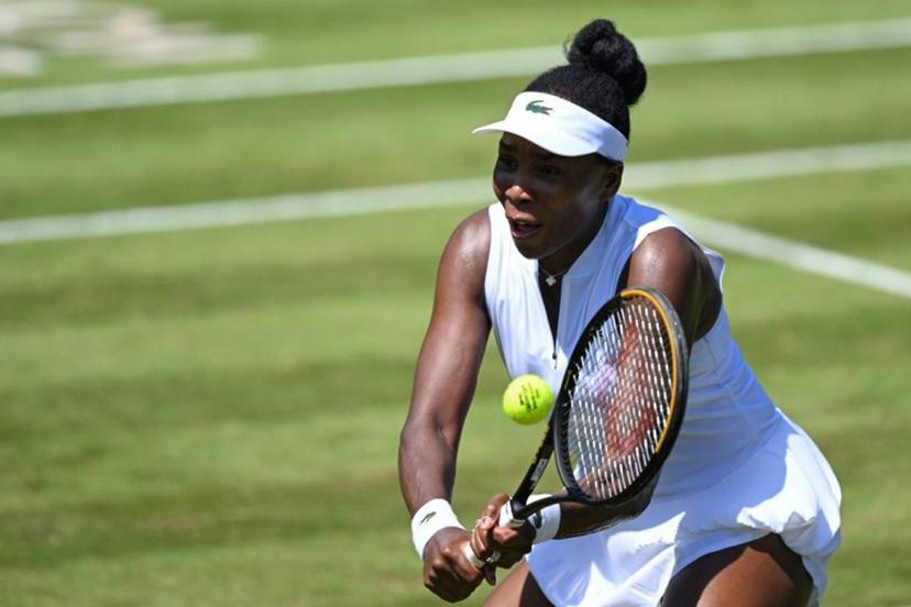 USA's Venus Williams hits a return as she plays with Philippines' Alexandra Eala against Britain's Olivia Nicholls and Russia's Tereza Mihalikova during the women's doubles quarter-final match of the WTA 500 Bad Homburg Open tennis tournament in Bad Homburg, western Germany on June 25, 2026.  Kirill KUDRYAVTSEV / AFP