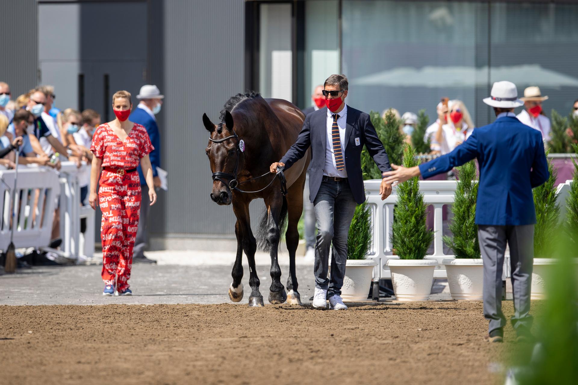 Groom Wim Verwimp and Alexa Fairchild's horse Dabanos d'O4 pictured during the horse inspection of Belgian dressage team ahead of the 'Tokyo 2020 Olympic Games' in Tokyo, Japan on Friday 23 July 2021. The postponed 2020 Summer Olympics are taking place from 23 July to 8 August 2021. BELGA PHOTO DIRK CAREMANS