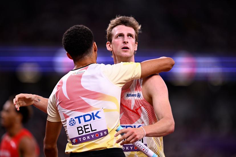 Belgian Daniel Segers and Belgian Alexander Doom pictured during the heats of the men's 4x400m relay race, at the World Athletics Championships in Tokyo, Japan, on Saturday 20 September 2025. The outdoor Worlds are taking place from 13 to 21 September. BELGA PHOTO JASPER JACOBS