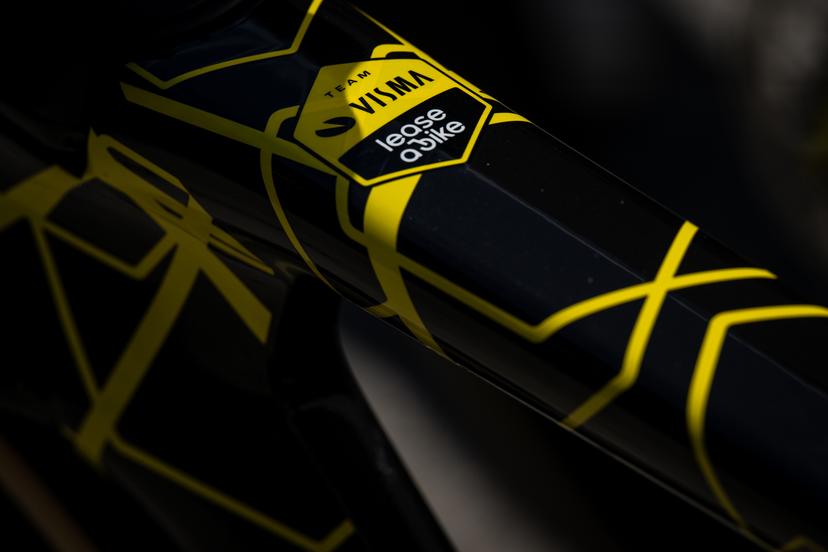 Team logo pictured during the team presentation of the Team Visma-Lease a Bike cycling team in Alicante, Spain, Tuesday 13 January 2026. BELGA PHOTO DAVID PINTENS