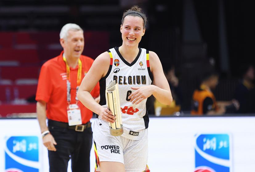 Belgium's Antonia Delaere celebrates after winning a basket game between China and Belgium's national team Belgian Cats, in Wuhan, China, on Thursday 12 March 2026, the second game (out of 5) of the qualifications phase for the World Cup Basket tournament. BELGA PHOTO NIKOLA KRSTIC