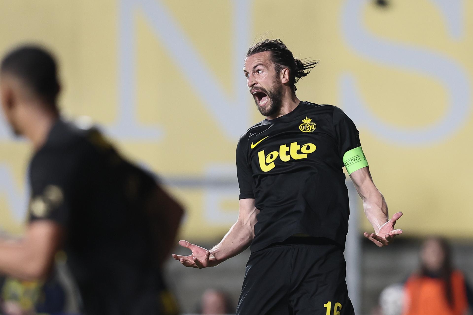 Union's Christian Burgess celebrates during a soccer match between Sint-Truiden VV and Royale Union Saint-Gilloise, Saturday 02 May 2026 in Sint-Truiden, on the sixth day of the Champion's Play-offs of the 2025-2026 'Jupiler Pro League' first division of the Belgian championship. BELGA PHOTO BRUNO FAHY