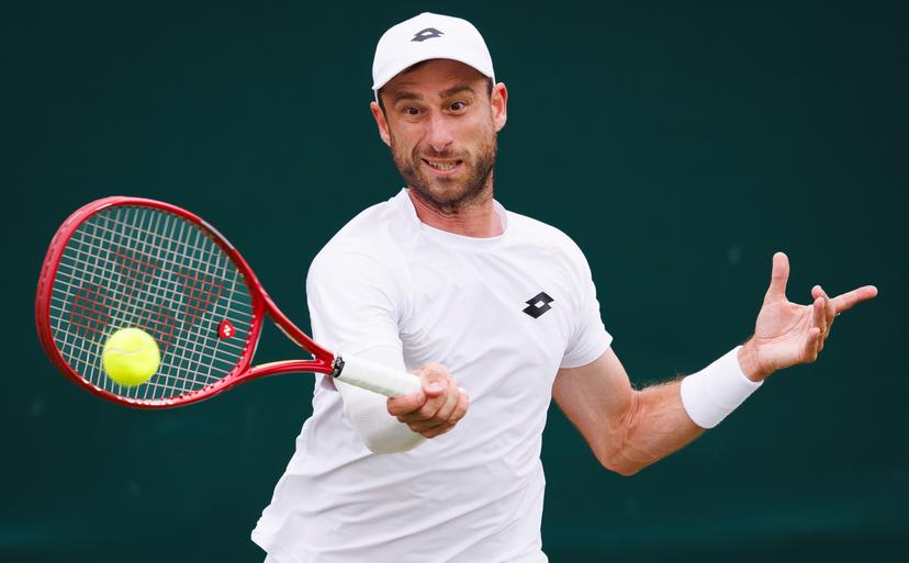 Belgian Sander Gille pictured in action during a doubles tennis match between Argentinian-Spain pair Zeballos - Granollers and Belgian-Dutch pair Gille-Verbeek, in the second round of the Men's doubles at the Wimbledon grand slam tennis tournament in London, Britain, Saturday 04 July 2026. BELGA PHOTO BENOIT DOPPAGNE