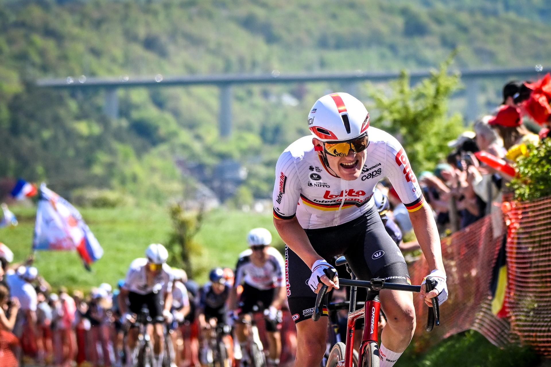 German Georg Zimmermann of Lotto-Intermarche pictured in action during the men elite race of the Liege-Bastogne-Liege UCI World Tour one day cycling race, 259,5km from Liege, over Bastogne to Liege, Sunday 26 April 2026. BELGA PHOTO ELIAS ROM