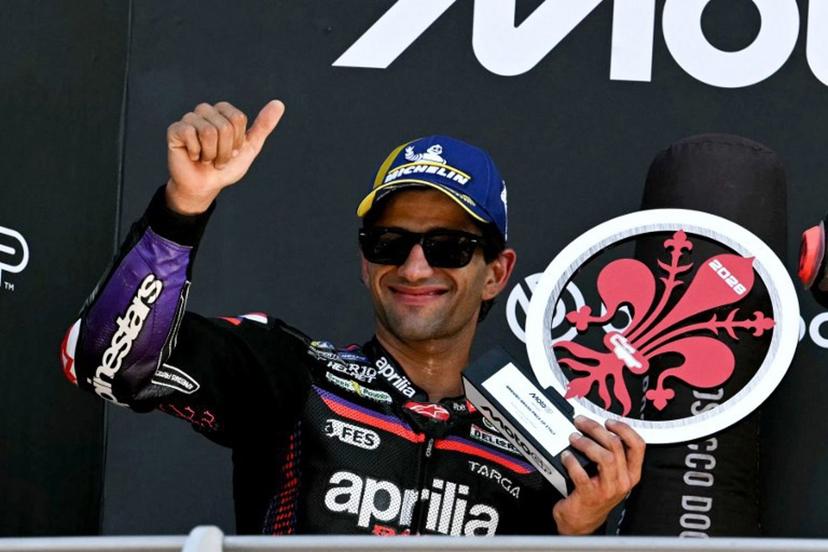 Second placed Team Aprilia Racing's Jorge Martin celebrates on the podium after the Italian Moto GP Grand Prix at Mugello circuit, in Mugello, near Florence, on May 31, 2026.  Andreas SOLARO / AFP