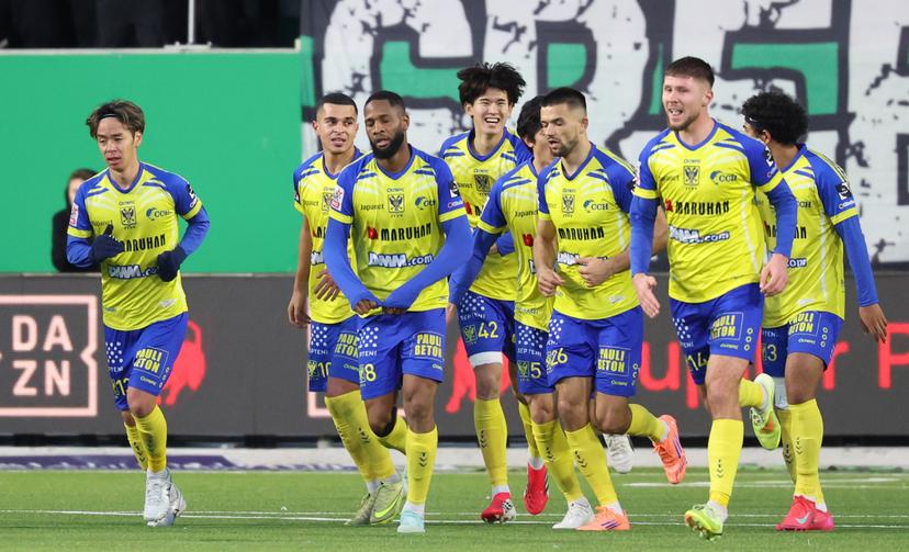 STVV's Shogo Taniguchi celebrates after scoring during a soccer match between RAAL La Louviere and Sint-Truiden VV, Saturday 24 January 2026 in La Louviere, on day 22 of the 2025-2026 'Jupiler Pro League' first division of the Belgian championship. BELGA PHOTO VIRGINIE LEFOUR