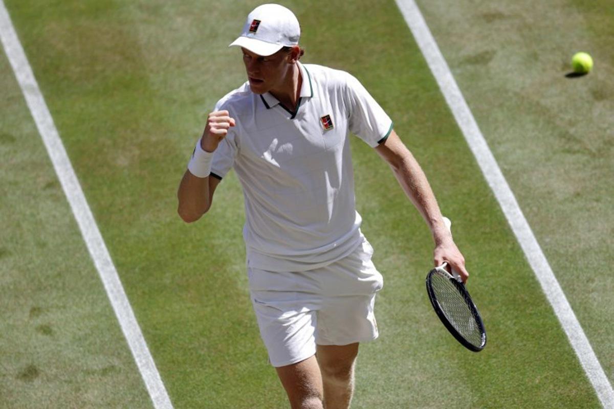 Italy's Jannik Sinner reacts as he plays against Germany's Jan-Lennard Struff during their men's singles quarter-final tennis match on the ninth day of the 2026 Wimbledon Championships at The All England Lawn Tennis and Croquet Club in Wimbledon, southwest London, on July 7, 2026.  Henry NICHOLLS / AFP