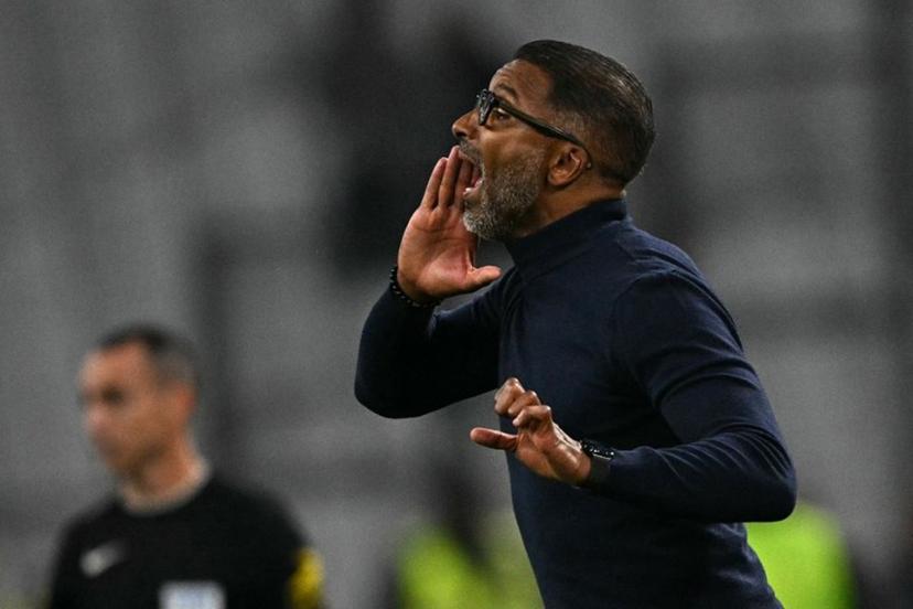 Marseille's French-Senegalese head coach Habib Beye reacts during the French L1 football match between Olympique de Marseille (OM) and Stade Rennais FC at the Stade Velodrome in Marseille, southern France, on May 17, 2026.  Gabriel BOUYS / AFP