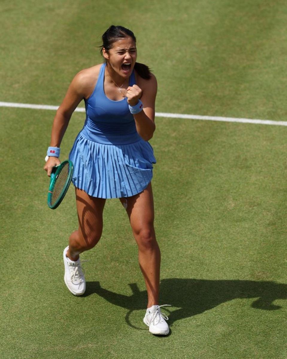 Britain's Emma Raducanu reacts during their women's singles quarter-final tennis match at the HSBC WTA Championships at Queen's Club in west London on June 13, 2026.  Adrian Dennis / AFP