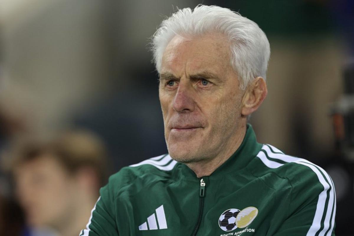 South Africa's Belgian coach Hugo Broos looks on ahead of the international friendly football match between South Africa and Nicaragua at Orlando Stadium in Soweto on May 29, 2026.    Phill Magakoe / AFP