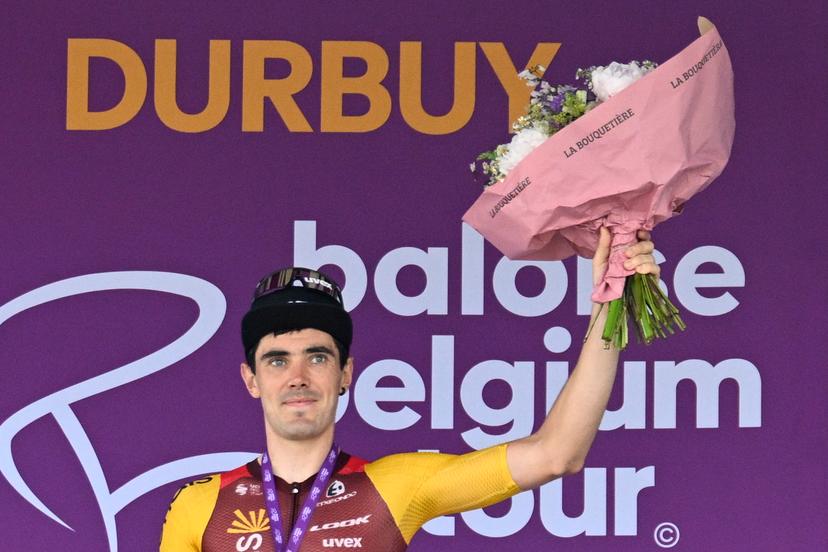 Spanish Alex Aranburu of Cofidis celebrates on the podium after winning stage 3 of the Baloise Belgium Tour cycling race, 173km from and to Durbuy, on Friday 19 June 2026. The Baloise Belgium Tour takes place from 17 to 21 June. BELGA PHOTO JASPER JACOBS