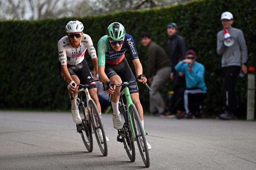 Mexican Isaac Del Toro of UAE Team Emirates - XRG and French Paul Seixas of Decathlon CMA CGM Team pictured in action during the men elite 'Strade Bianche' one day cycling race, 203km from and to Siena, Italy on Saturday 07 March 2026. BELGA PHOTO POOL TIM DE WAELE