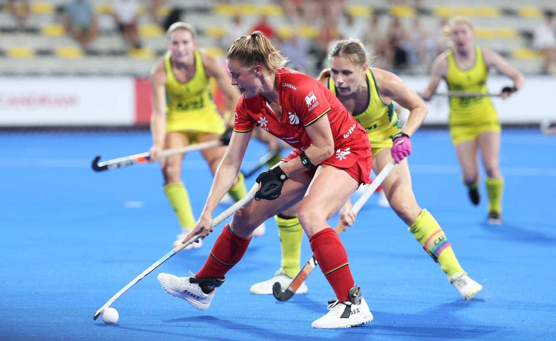 Belgium's Alix Gerniers fights for the ball during a hockey game between Belgian national team Red Panthers and Australia, Tuesday 23 June 2026 in Wavre, match 13/16 in the group stage of the women's FIH Pro League competition. BELGA PHOTO VIRGINIE LEFOUR