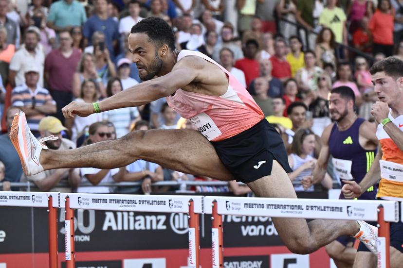 Belgian Michael Obasuyi pictured in action during the 100M hurdles at the 2026 edition of the 'Meeting International d'Athletisme de la Province de Liege' athletics event in Liege, Wednesday 15 July 2026.  BELGA PHOTO ERIC LALMAND