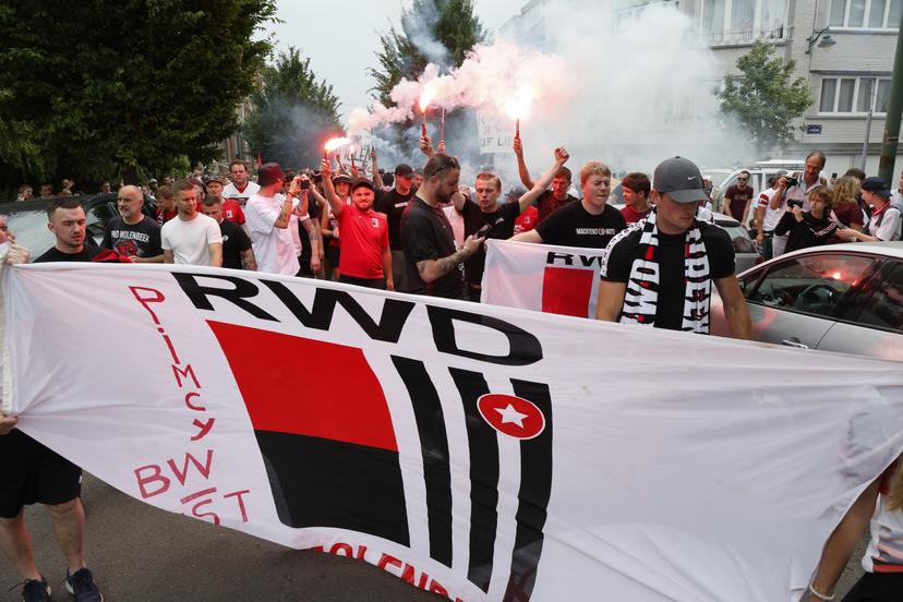 Supporters gathered for a protest action of supporters of second division (Challenger Pro League CPL) soccer club RWD Molenbeek who are against the change of the name and logo of the club to Daring Brussels, Sunday 22 June 2025 in Brussels. BELGA PHOTO NICOLAS MAETERLINCK