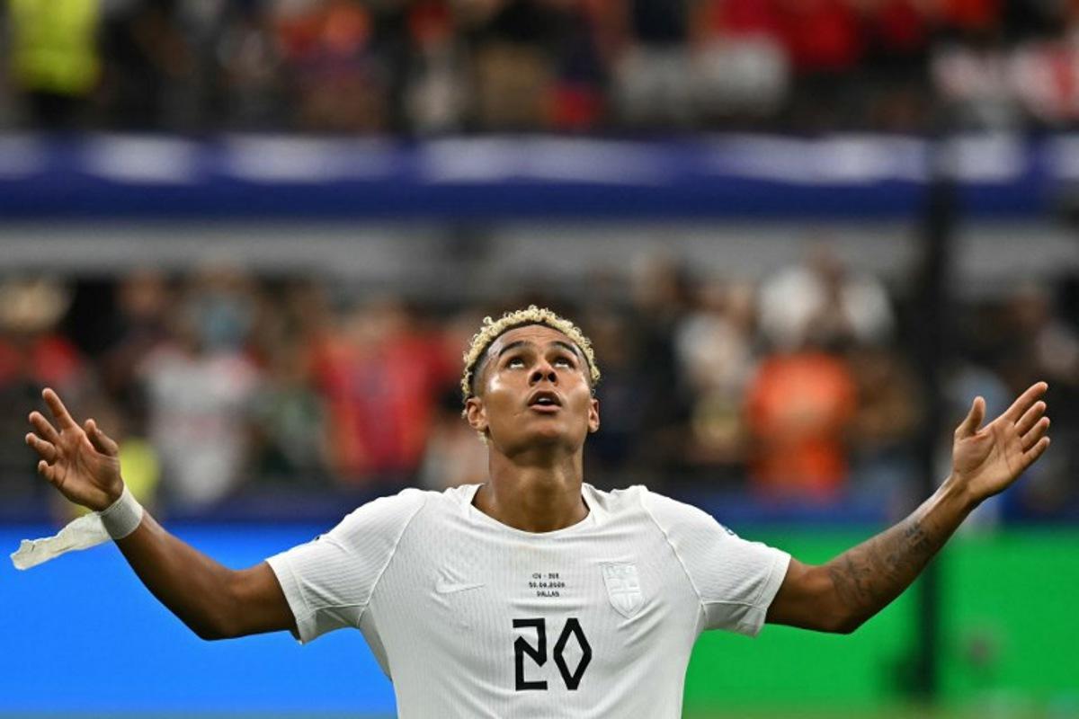 Norway's midfielder #20 Antonio Nusa celebrates after scoring the opening goal during the 2026 World Cup round of 32 football match between Ivory Coast and Norway at the Dallas Stadium in Arlington on June 30, 2026.   Paul ELLIS / AFP