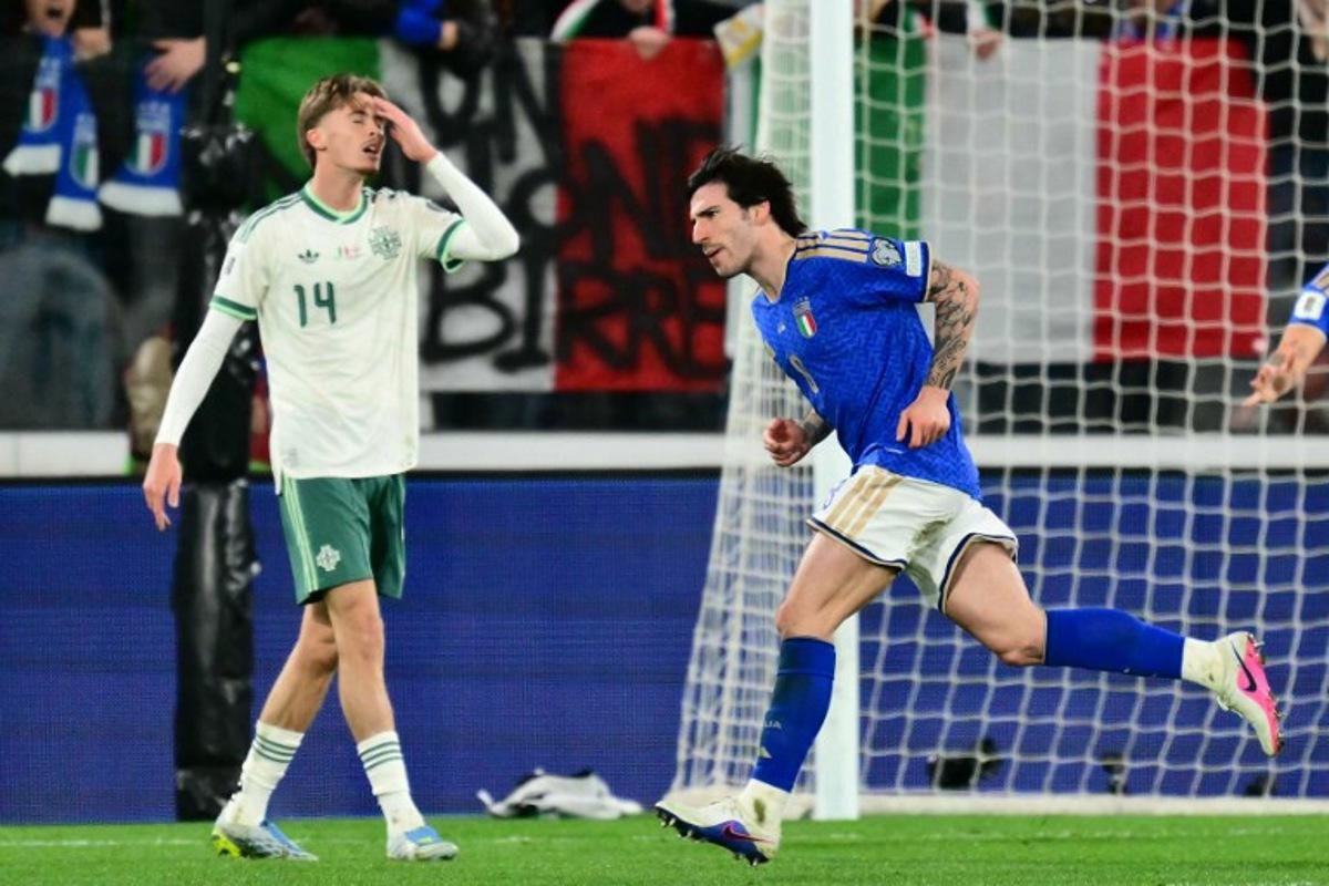 Italy's midfielder #08 Sandro Tonali celebrates scoring his team's first goal during the play-off FIFA World Cup 2026 European qualification semi-final football match between Italy and North Ireland at the Gewiss stadium in Bergamo, on March 26, 2026.   Stefano RELLANDINI / AFP