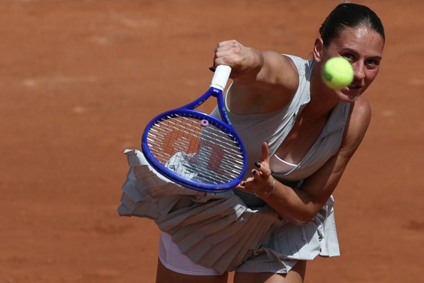 Ukraine's Marta Kostyuk serves to Oksana Selekhmeteva during their women's singles match on day 1 of the French Open tennis tournament on Court Simonne-Mathieu at the Roland-Garros Complex in Paris on May 24, 2026.  ALAIN JOCARD / AFP
