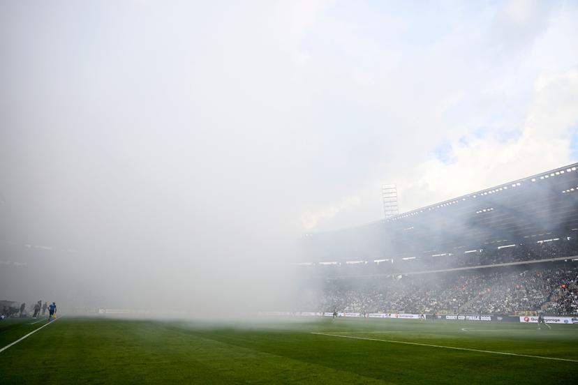 A fog by pyro material above the King Baudouin Stadium during a soccer game between Royale Union Saint-Gilloise and RSC Anderlecht, Thursday 14 May 2026 in Brussels, the final of the 'Croky Cup' Belgian soccer cup. BELGA PHOTO TOM GOYVAERTS