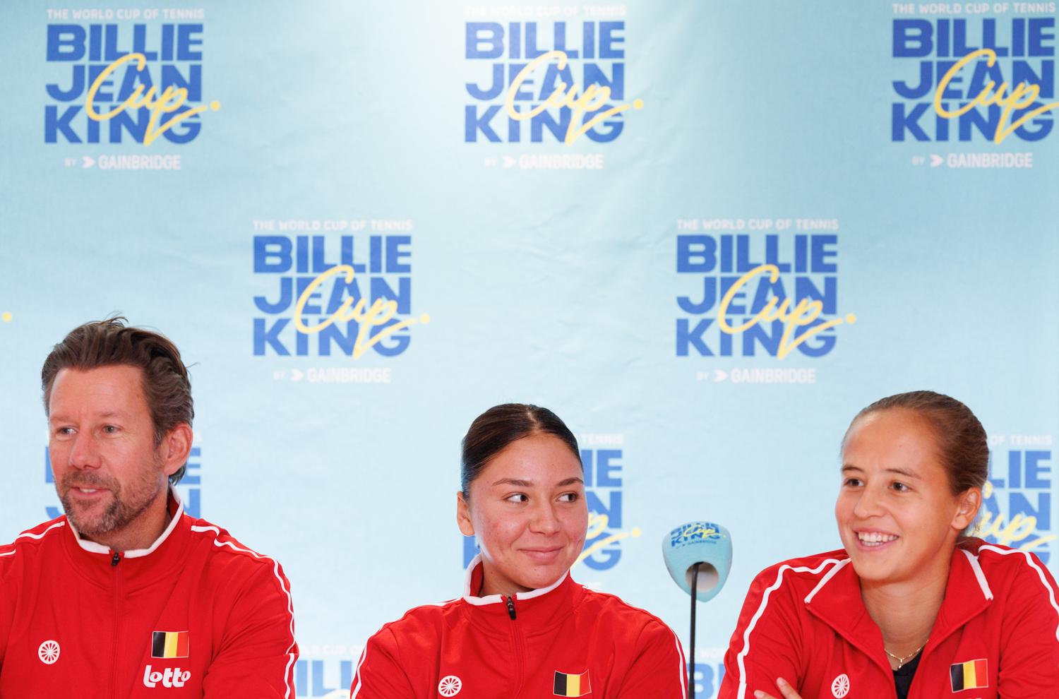 Belgian team captain Wim Fissette, Belgian Sofia Costoulas and Belgian Hanne Vandewinkel pictured during a press conference of the Belgian tennis players competing in the upcoming Billie Jean King Cup Play-offs, on Thursday 13 November 2025 in Ismaning, Germany. This weekend Belgium will meet Germany and Turkey. PHOTO BENOIT DOPPAGNE