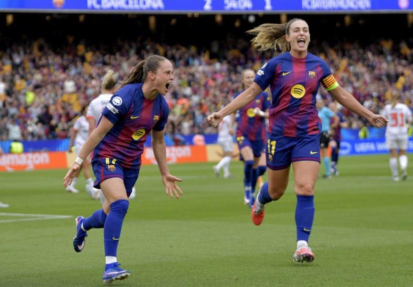 Barcelona's Polish forward #17 Ewa Pajor celebrates with Barcelona's Spanish midfielder #11 Alexia Putellas (R) scoring her team's third goal during the UEFA Women's Champions League semi-final second leg football match between FC Barcelona and Bayern Munich at Camp Nou Stadium in Barcelona on May 3, 2026.  MANAURE QUINTERO / AFP
