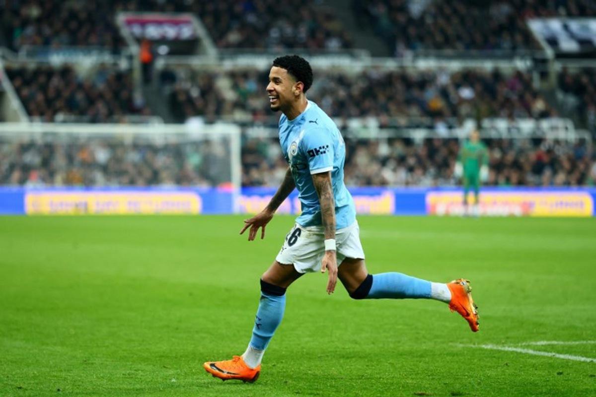 Manchester City's Brazilian midfielder #26 Savinho celebrates scoring the team's first goal during the English English FA Cup fifth round football match between Newcastle United and Manchester City at St James' Park in Newcastle-upon-Tyne, north east England on March 7, 2026.  Paul Currie / AFP