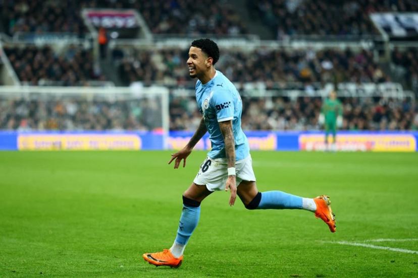 Manchester City's Brazilian midfielder #26 Savinho celebrates scoring the team's first goal during the English English FA Cup fifth round football match between Newcastle United and Manchester City at St James' Park in Newcastle-upon-Tyne, north east England on March 7, 2026.  Paul Currie / AFP