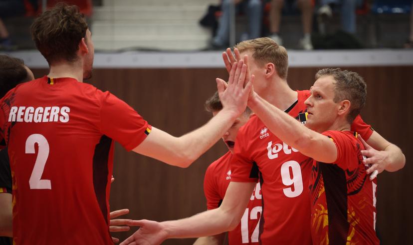 Belgium's Ferre Reggers, Belgium's Wout D'heer and Belgium's Robin Blondeel celebrate during a volleyball match between Belgium's national men's volleyball team, the Red Dragons, and the Azeri national men's volleyball team, in match 3/6 of the League Round of the European Golden League men, in Beveren, Friday 24 May 2024. BELGA PHOTO VIRGINIE LEFOUR